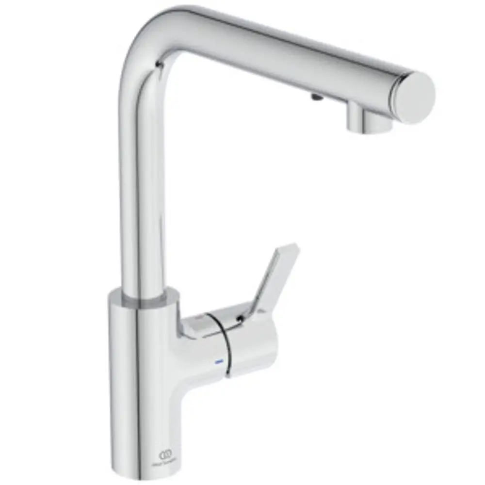 Küchenarmatur in Chrom mit einem hohen Auslauf und einem seitlichen Hebel, hergestellt von Ideal Standard.